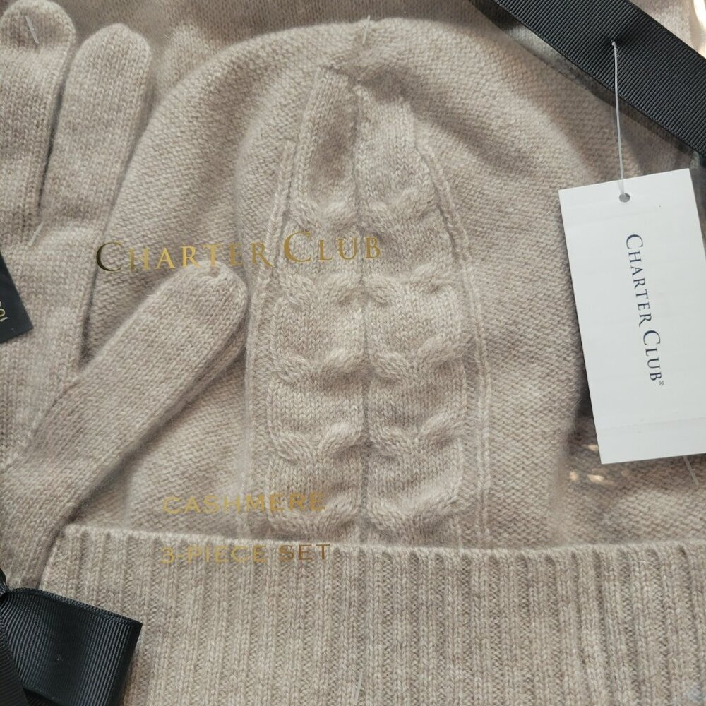 Charter Club Cashmere Hat, Gloves & Scarf Boxed Gift Set- Pearl Taupe Heather - Picture 3 of 4